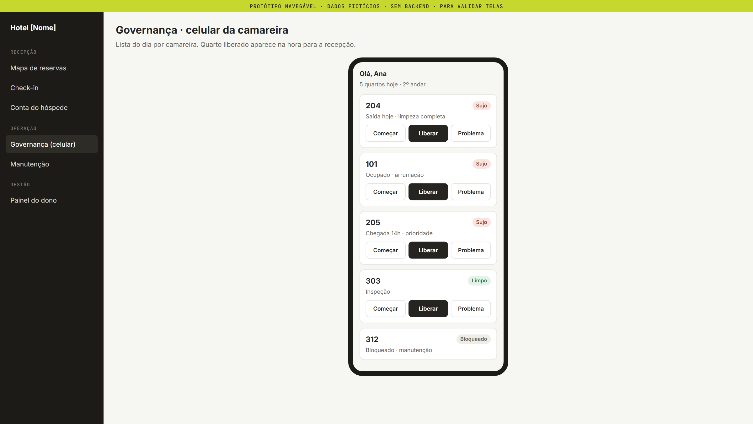 Protótipo do celular da camareira com a lista de quartos do dia